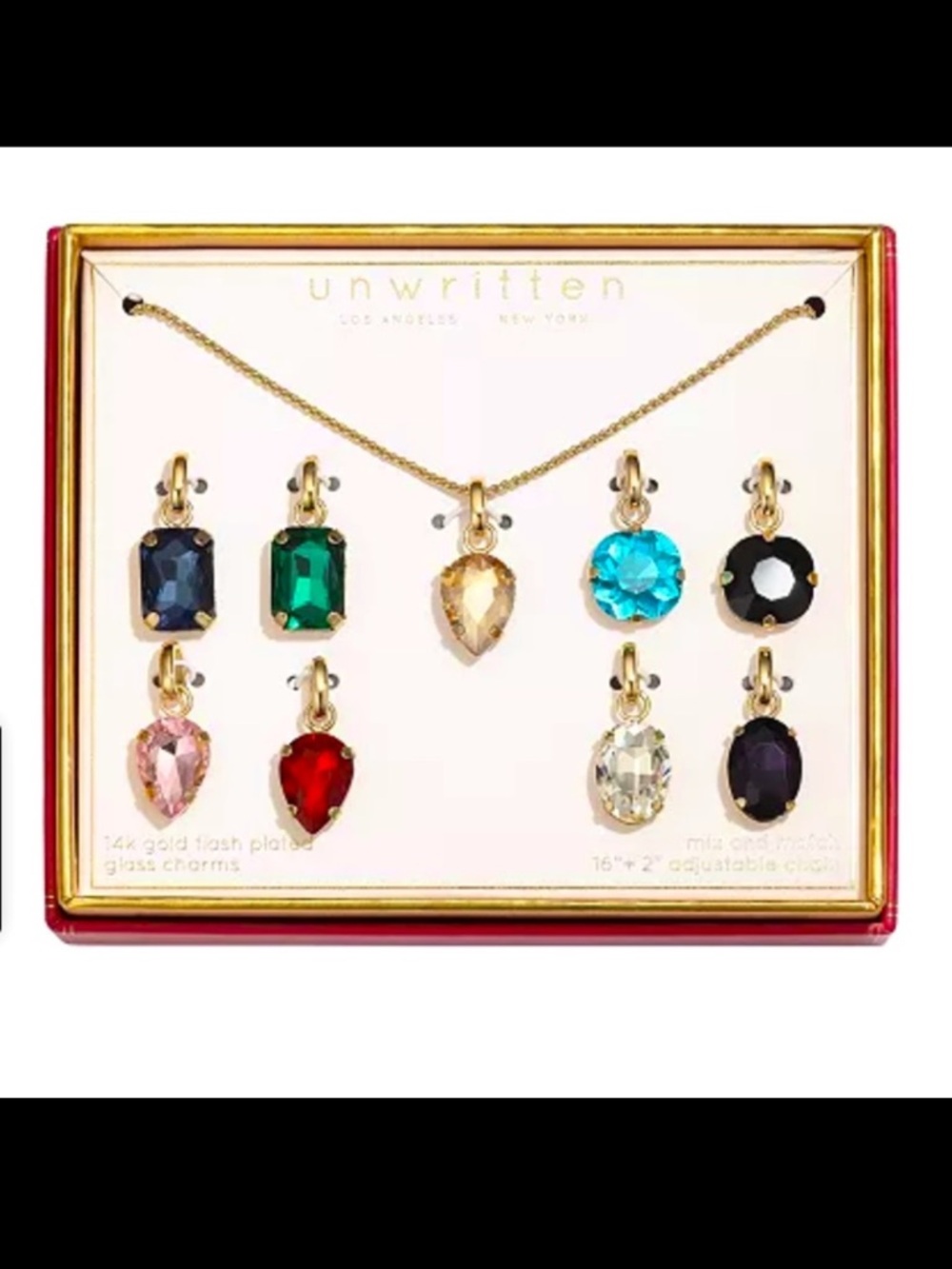 Unwritten Gold Plate Necklace w/ interchangeable glass pendants 10
piece set NWT